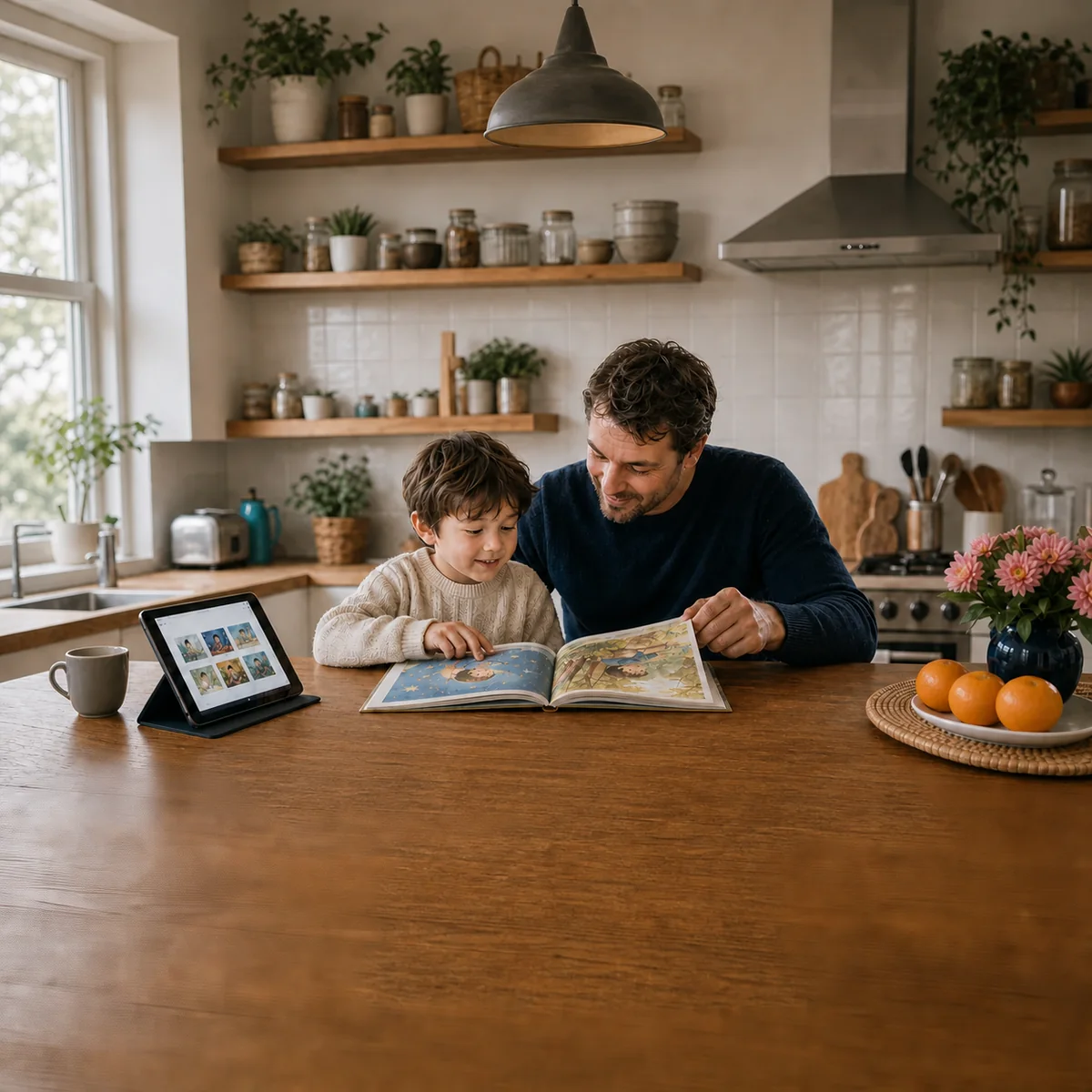 Editorial representation of a parent and child sharing a picture book beside a tablet