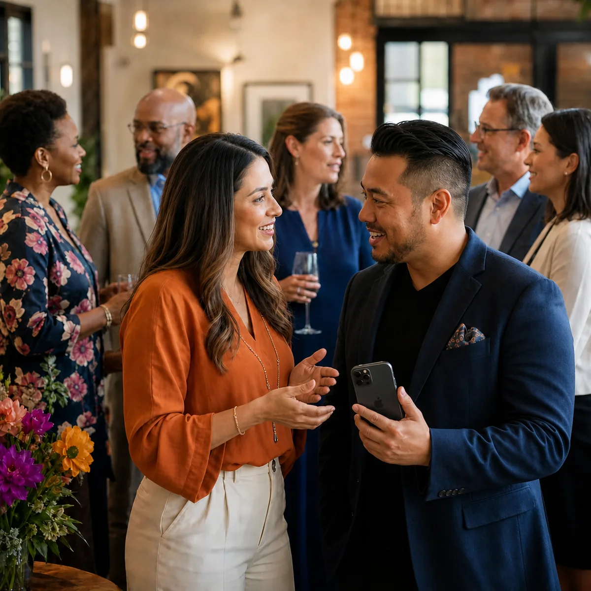 Editorial representation of business-network members connecting at a community event