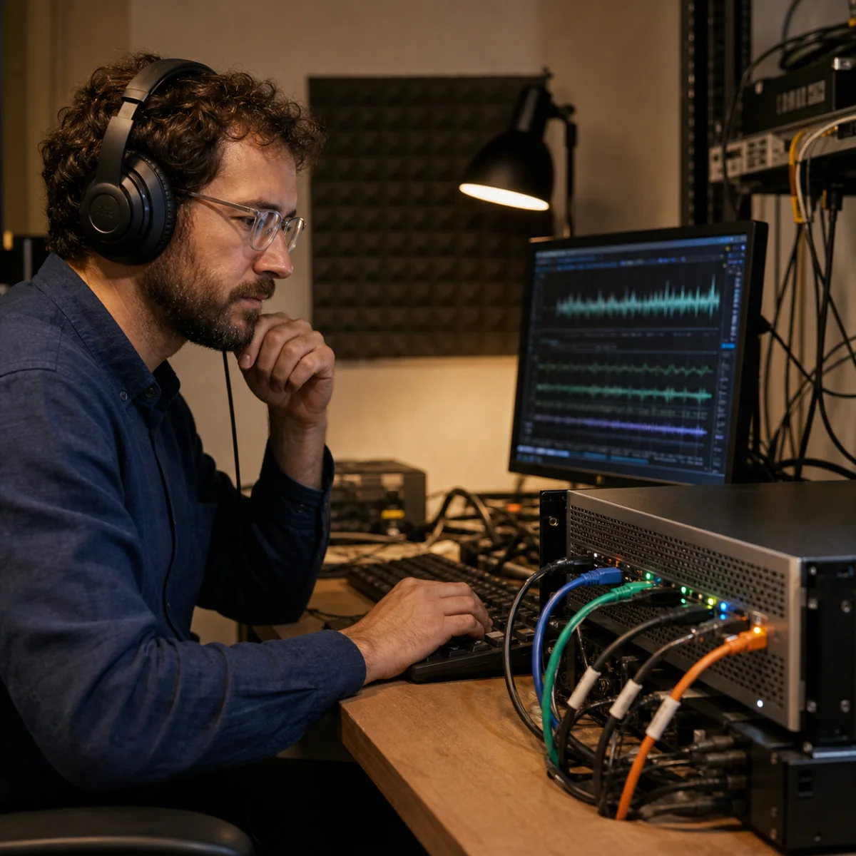 Editorial representation of a call-analysis workflow with a headset and audio notes